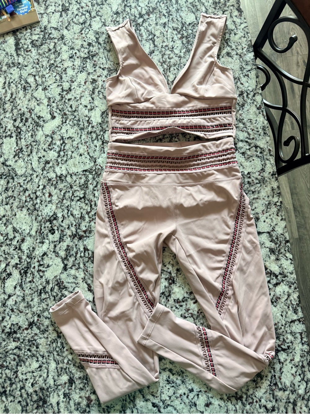 Free People Blush Cutout Crochet-Trim crop top and high rise leggings